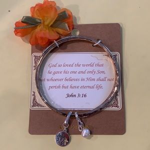 “JOHN 3:16” Rose Goldtone with Silvertone Twisted Bangle Bracelet with Charms